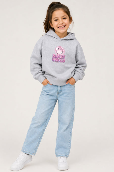 Smiley Girls Grey Marl Hooded Sweatshirt with Smiley Print - Brand Threads