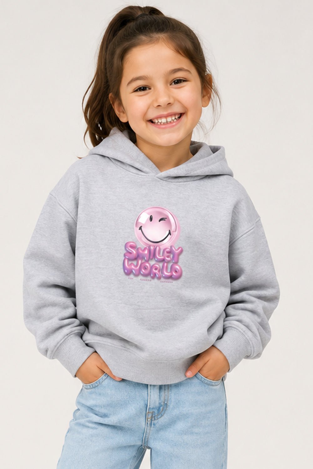 Smiley Girls Grey Marl Hooded Sweatshirt with Smiley Print - Brand Threads