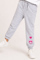 Smiley Girls Grey Marl Joggers with Smiley Face Tracksuit Bottoms - Brand Threads