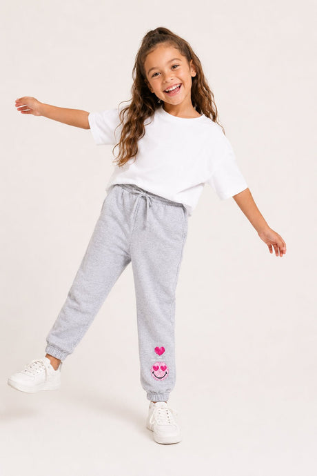 Smiley Girls Grey Marl Joggers with Smiley Face Tracksuit Bottoms - Brand Threads