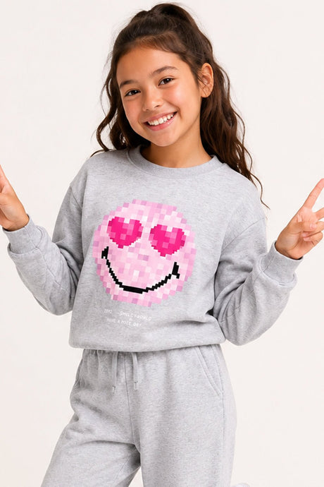 Smiley Girls Grey Marl Sweatshirt and Jogger Set Loungewear - Brand Threads