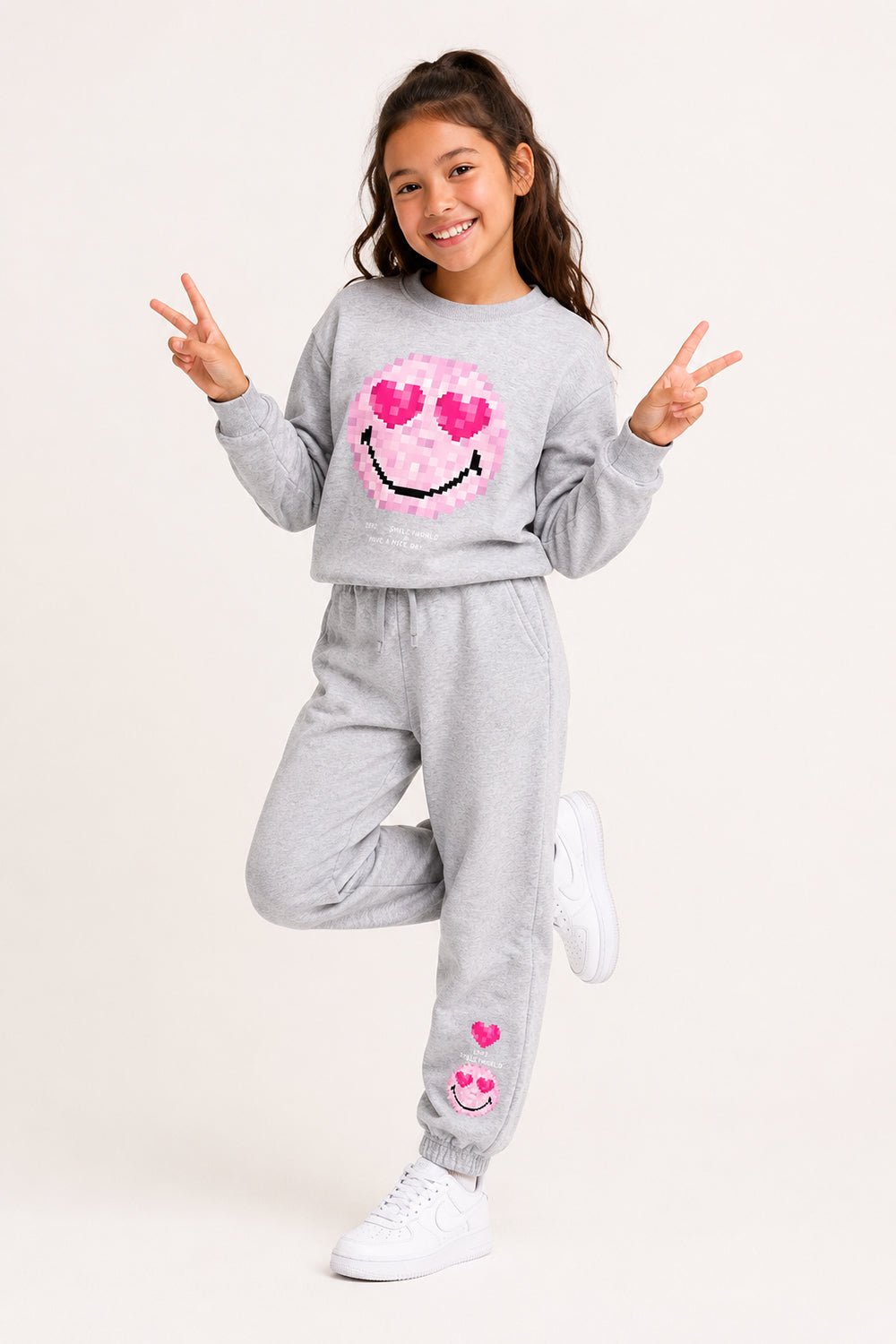 Smiley Girls Grey Marl Sweatshirt and Jogger Set Loungewear - Brand Threads