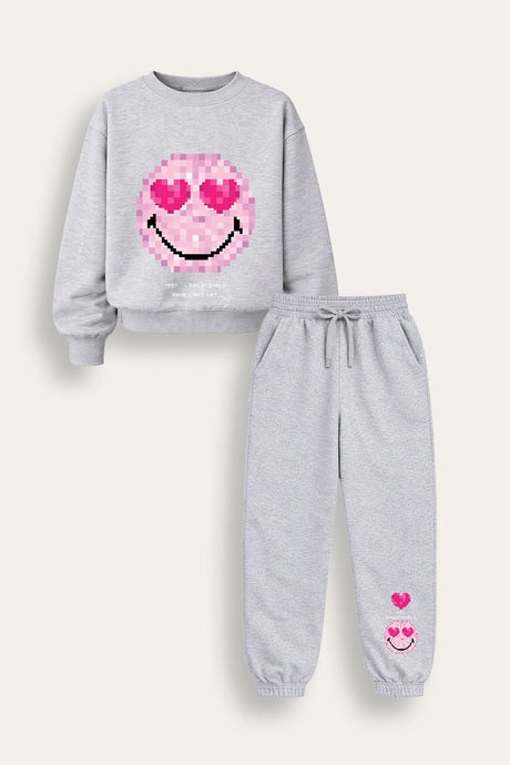 Smiley Girls Grey Marl Sweatshirt and Jogger Set Loungewear - Brand Threads