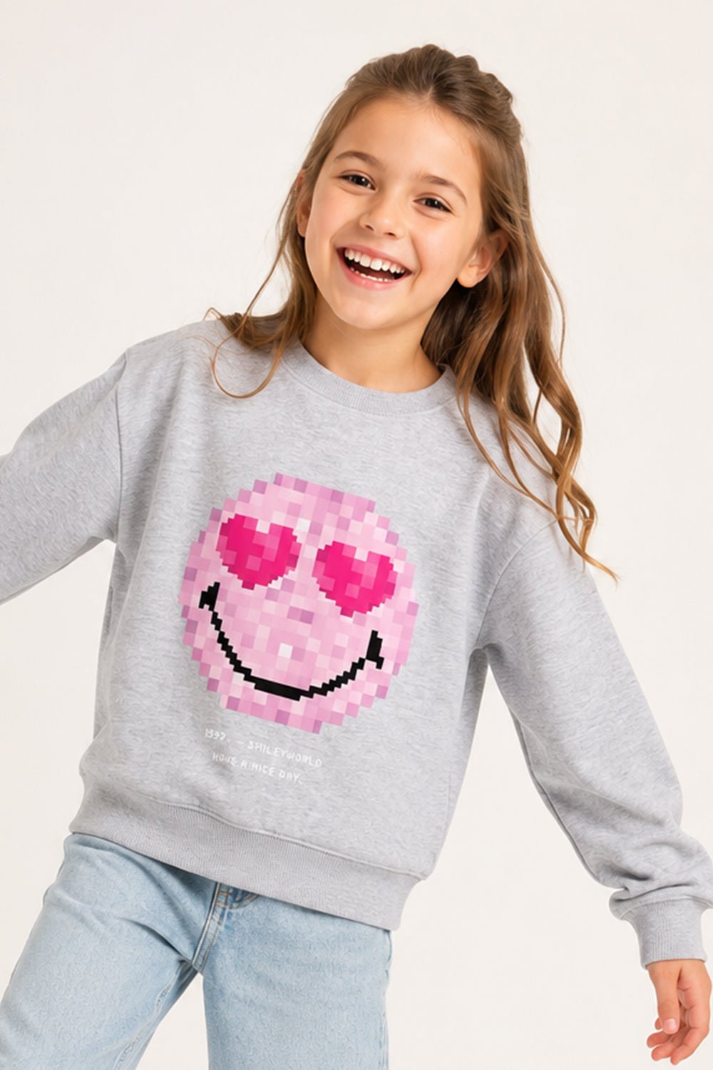 Smiley Girls Grey Marl Sweatshirt with Smiley Face Print - Brand Threads