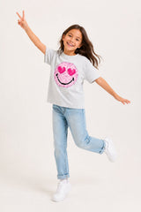 Smiley Girls Grey Marl T-Shirt with Iconic Smiley Face Print - Brand Threads