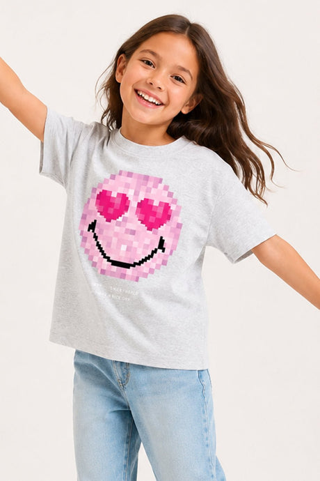 Smiley Girls Grey Marl T-Shirt with Iconic Smiley Face Print - Brand Threads