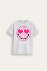 Smiley Girls Grey Marl T-Shirt with Iconic Smiley Face Print - Brand Threads