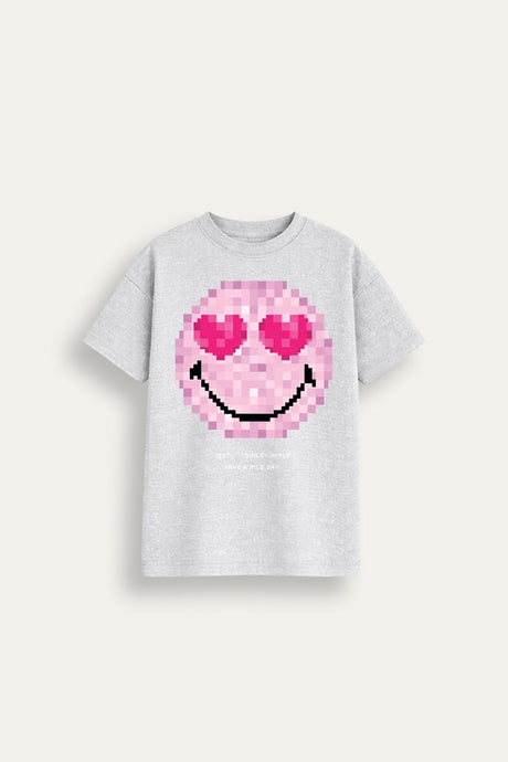 Smiley Girls Grey Marl T-Shirt with Iconic Smiley Face Print - Brand Threads